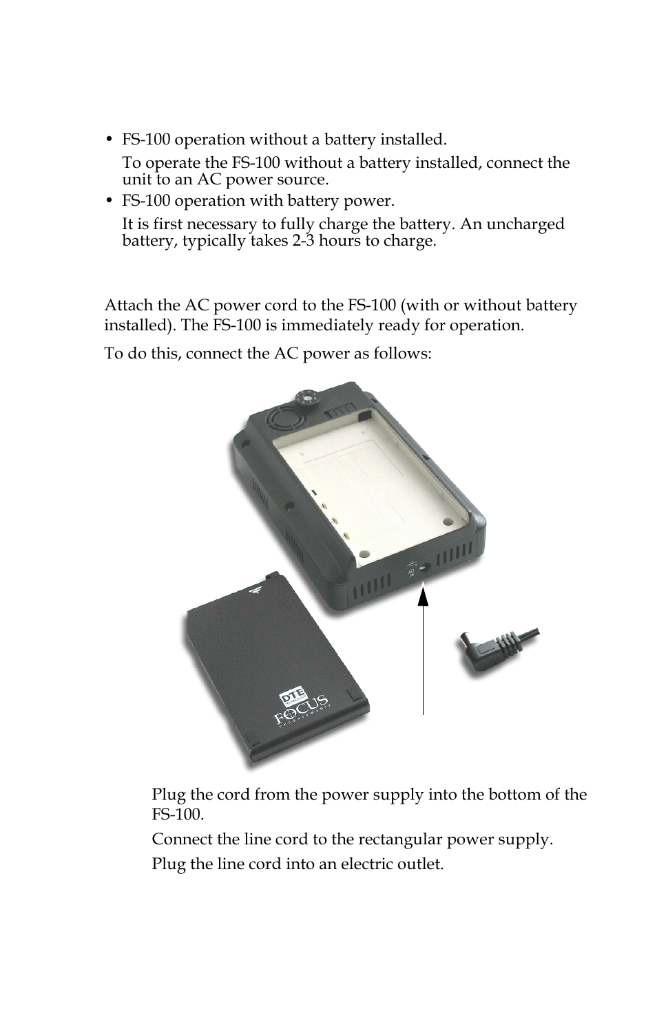 Powering the fs-100, Connecting the fs-100 to ac power | Panasonic FS-100 User Manual | Page 39 / 154