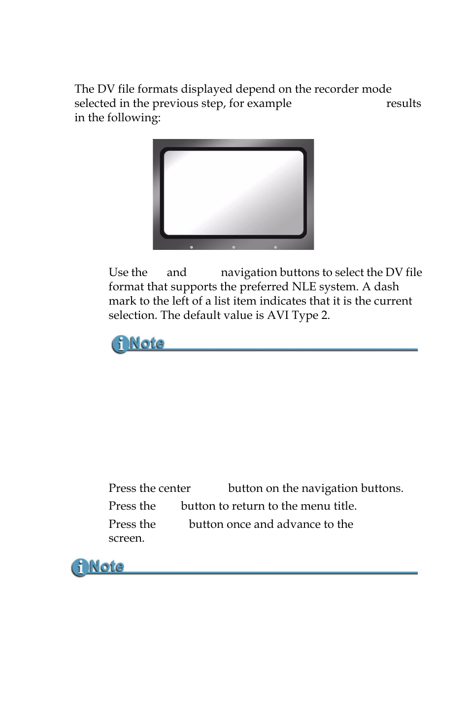 Select a dv file format, Dv formats raw dv -avi type1 avi type2 canopus avi | Panasonic FS-100 User Manual | Page 47 / 154
