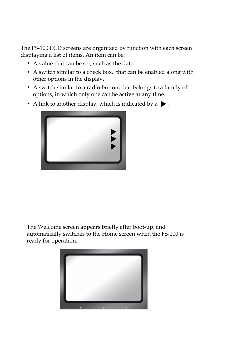 General screen information, Welcome screen | Panasonic FS-100 User Manual | Page 60 / 154