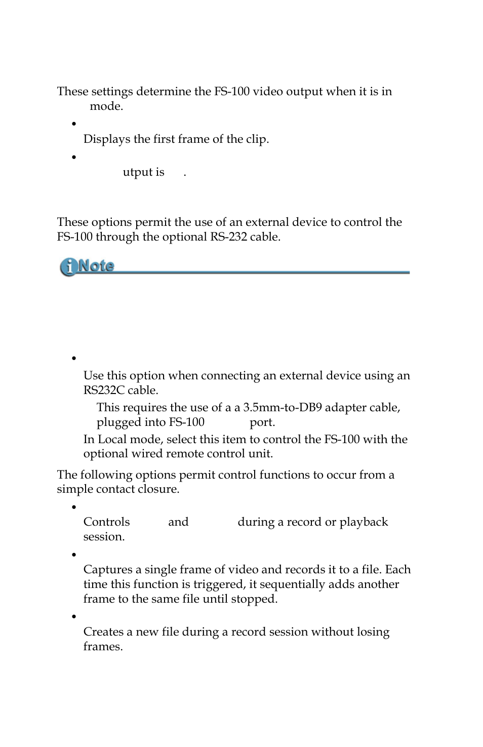 Stop frame, no video, Ext ctl off, pause, frame, file | Panasonic FS-100 User Manual | Page 78 / 154