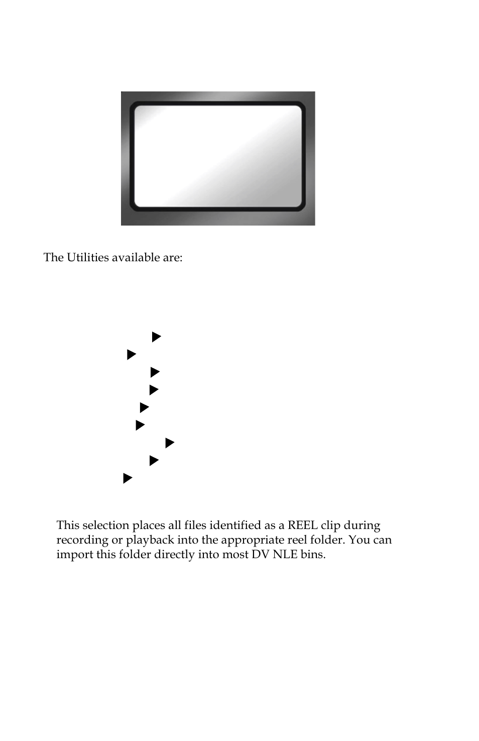 Utilities screen, Organize reel | Panasonic FS-100 User Manual | Page 88 / 154