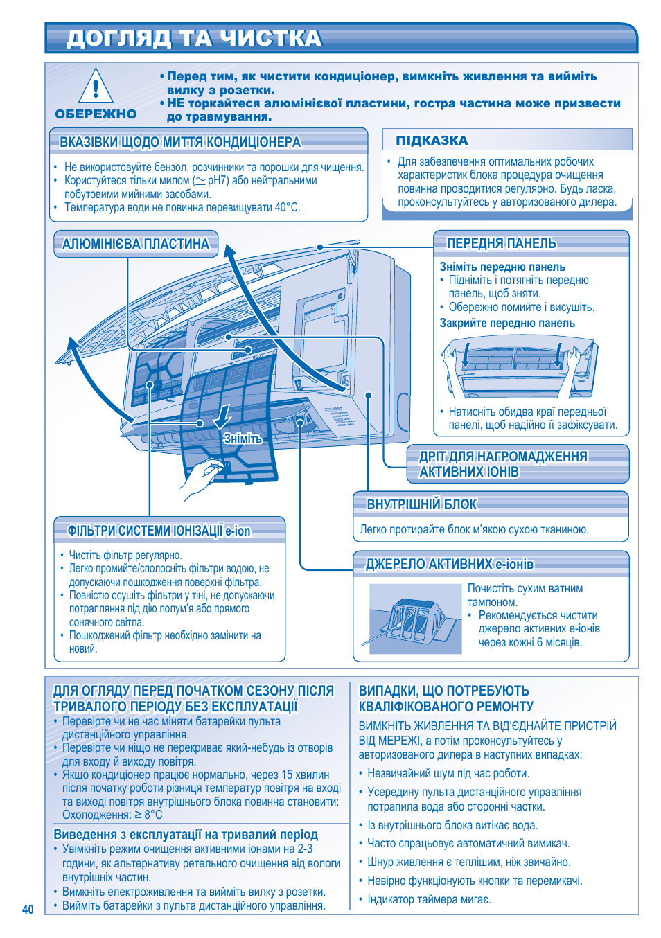 Догляд та чистка | Panasonic CS-C12JKD User Manual | Page 40 / 44