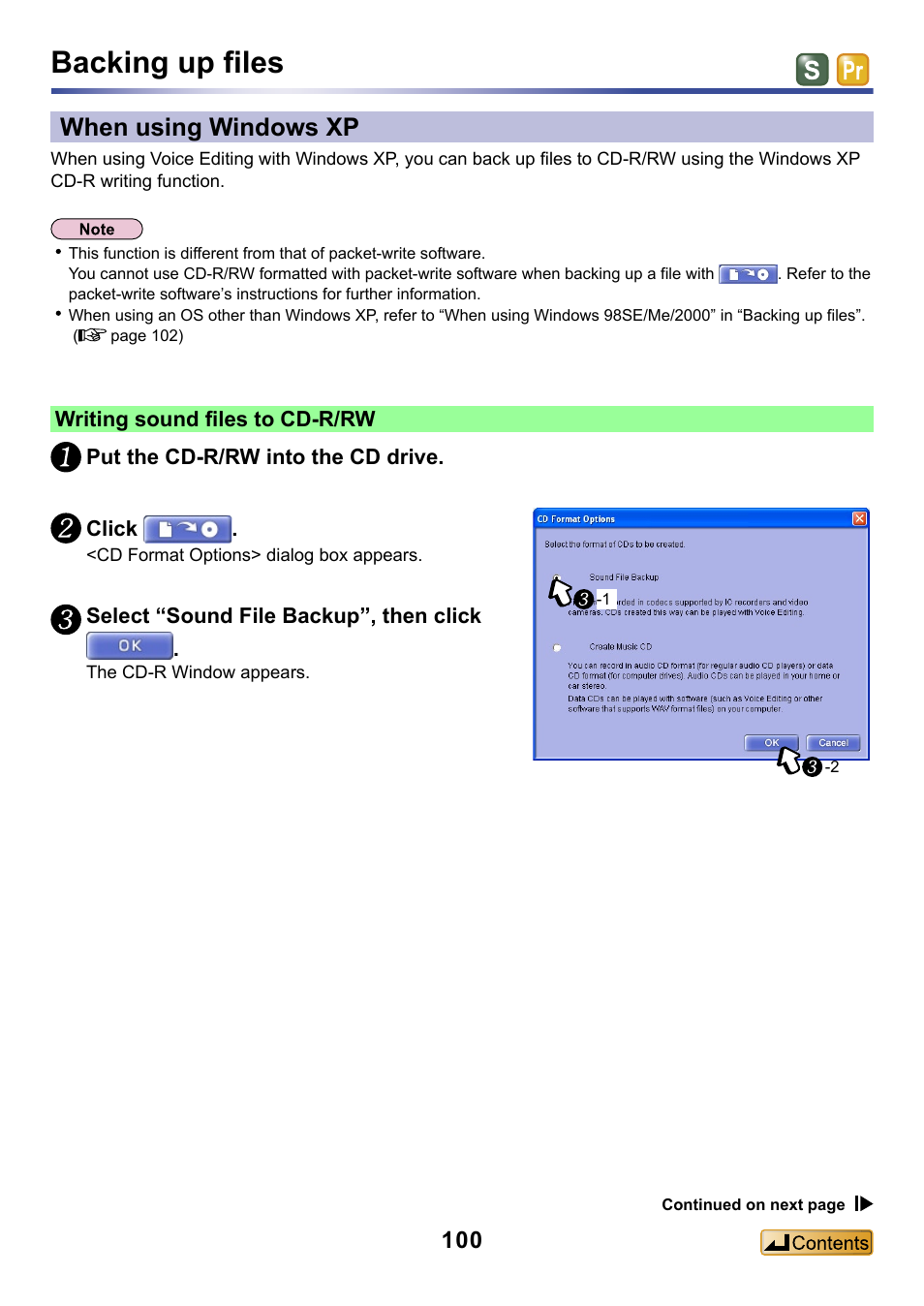 Backing up files, When using windows xp | Panasonic -eng User Manual | Page 100 / 132