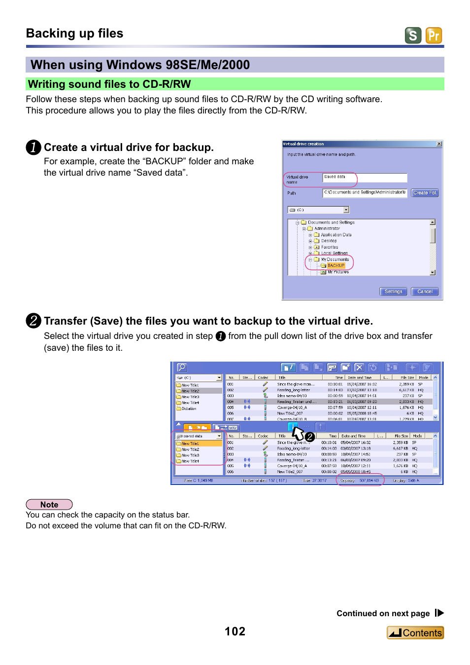 When using windows 98se/me/2000, Backing up files | Panasonic -eng User Manual | Page 102 / 132