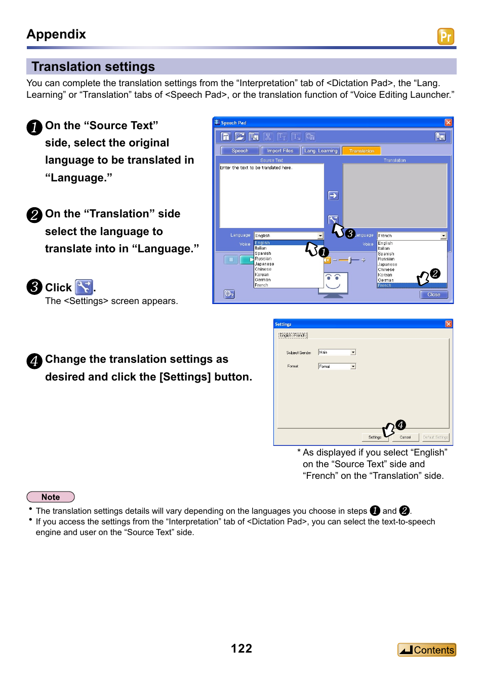 Translation settings, Settings, Appendix translation settings | Panasonic -eng User Manual | Page 122 / 132