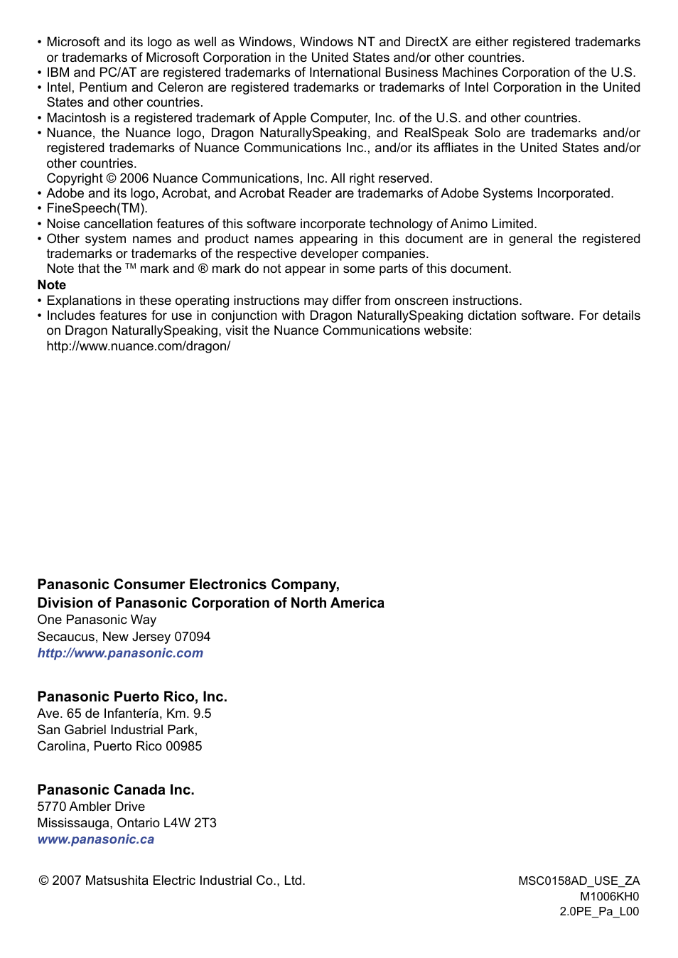 Back cover | Panasonic -eng User Manual | Page 132 / 132