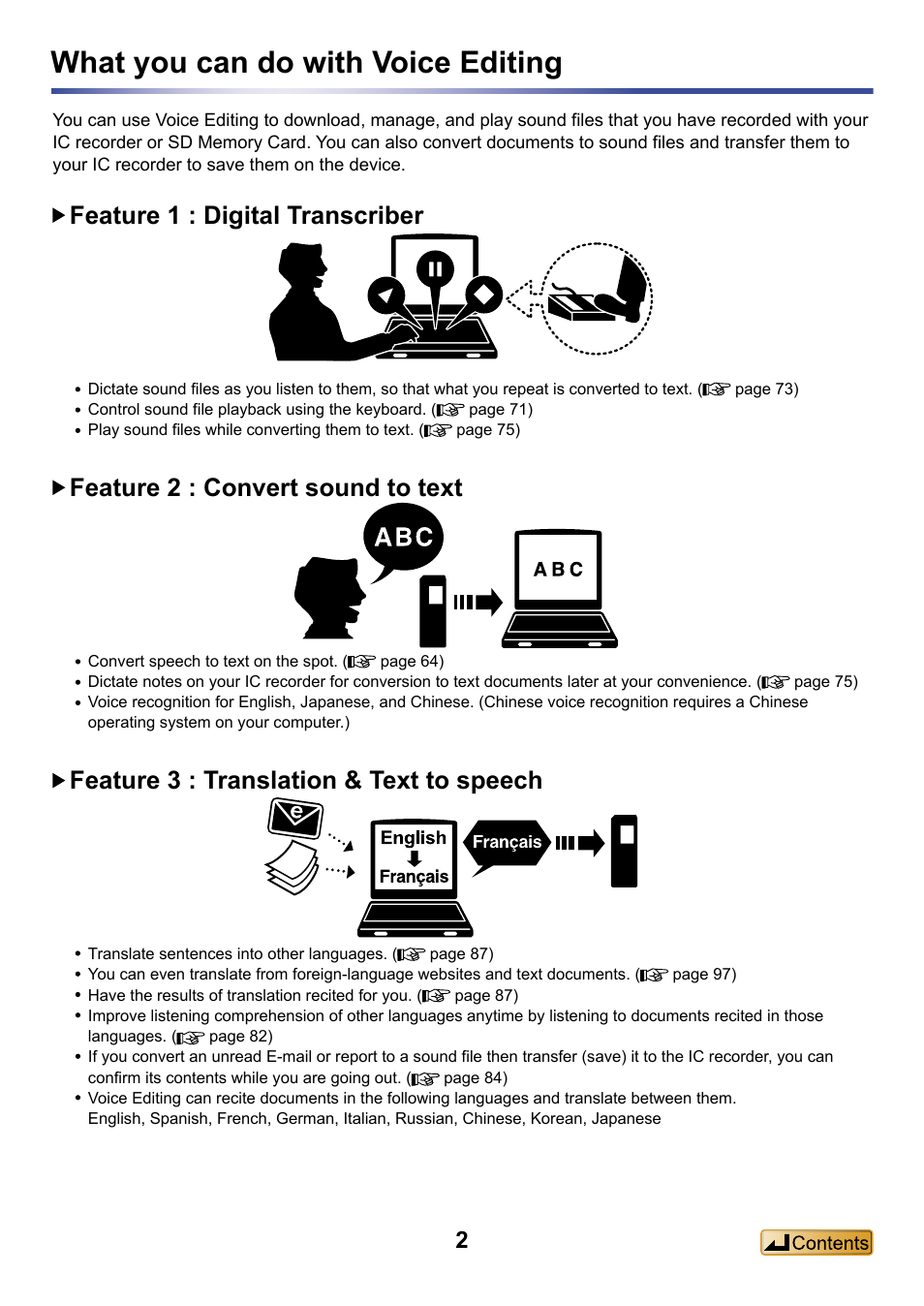 What you can do with voice editing, Feature 1 : digital transcriber, Feature 2 : convert sound to text | Feature 3 : translation & text to speech | Panasonic -eng User Manual | Page 2 / 132