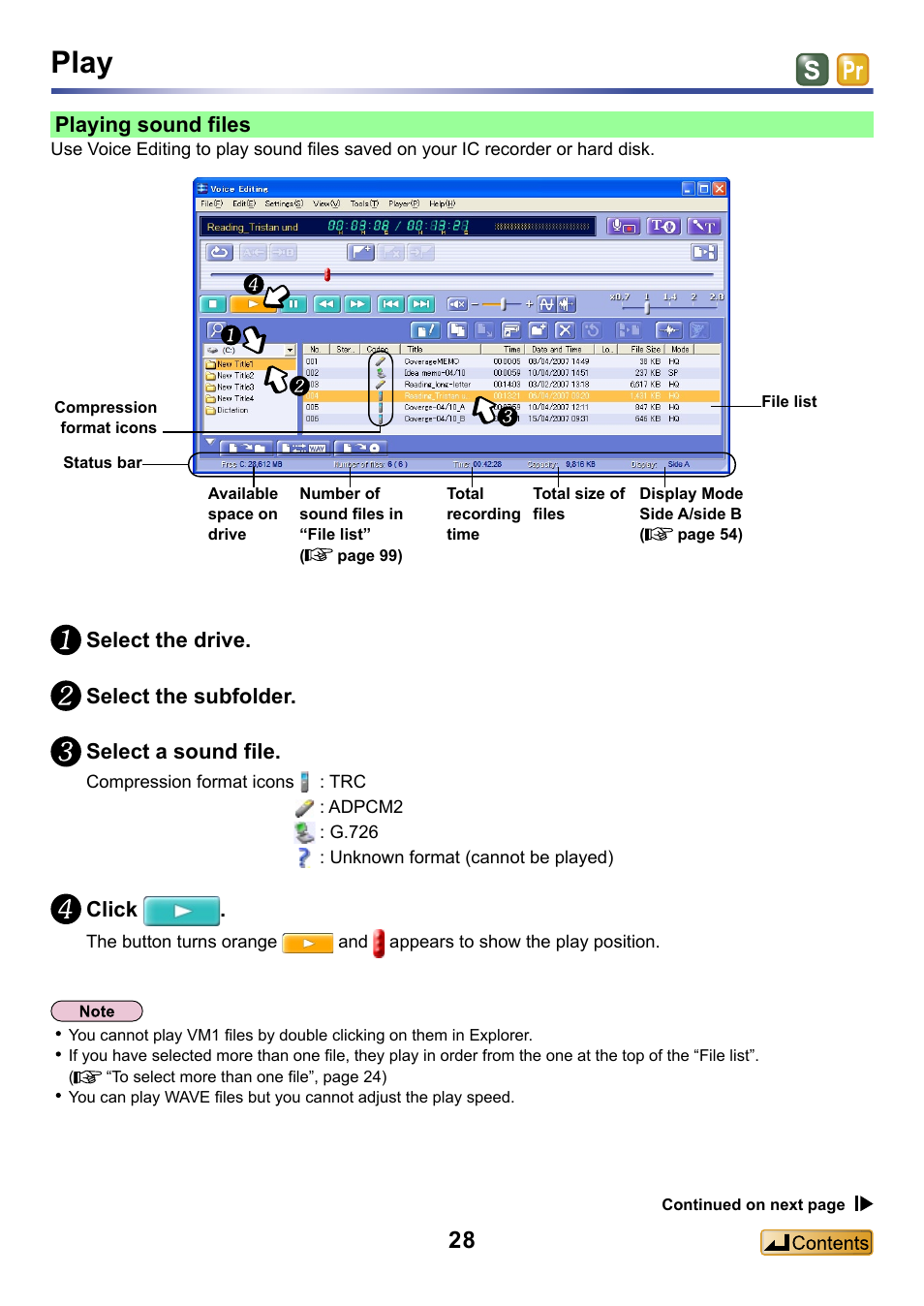 Play, Playing sound files, Click | Panasonic -eng User Manual | Page 28 / 132