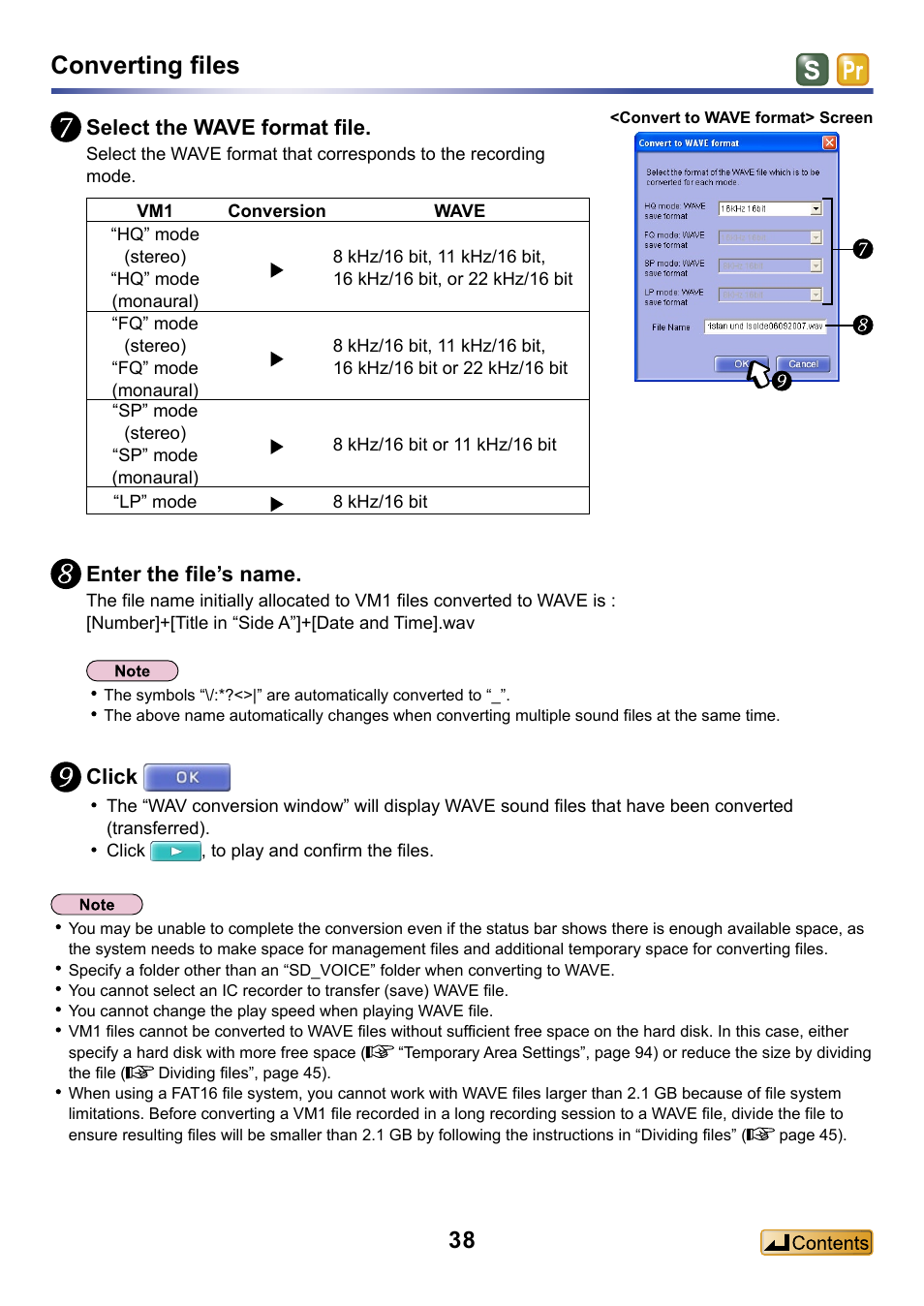 Converting files, Select the wave format file, Enter the file’s name | Click | Panasonic -eng User Manual | Page 38 / 132