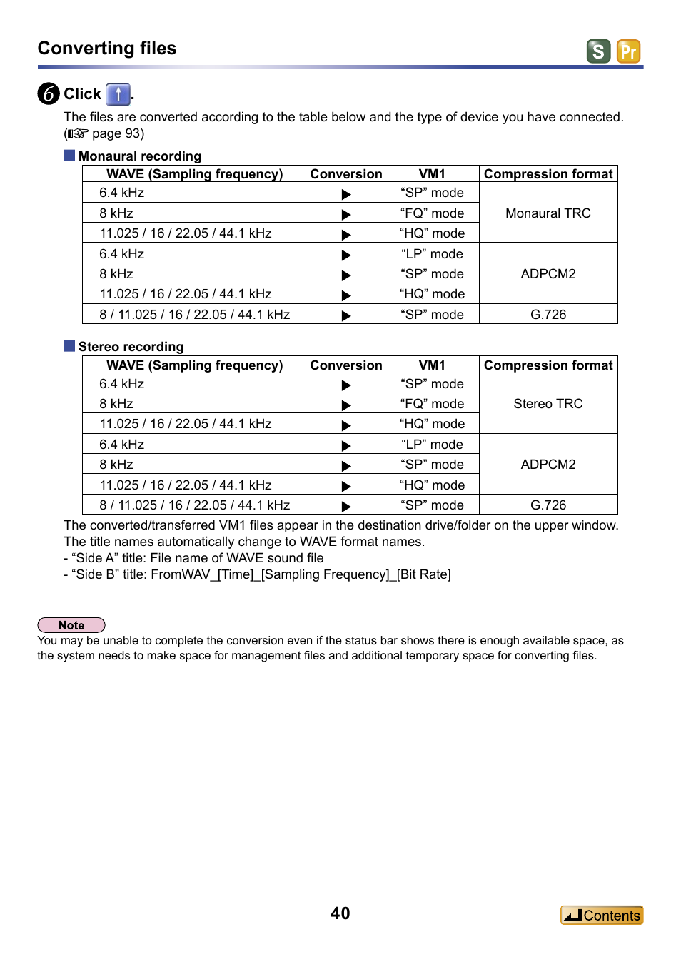 Converting files, Click | Panasonic -eng User Manual | Page 40 / 132