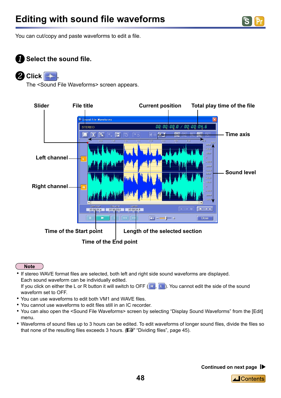 Editing with sound file waveforms, Select the sound file. click | Panasonic -eng User Manual | Page 48 / 132