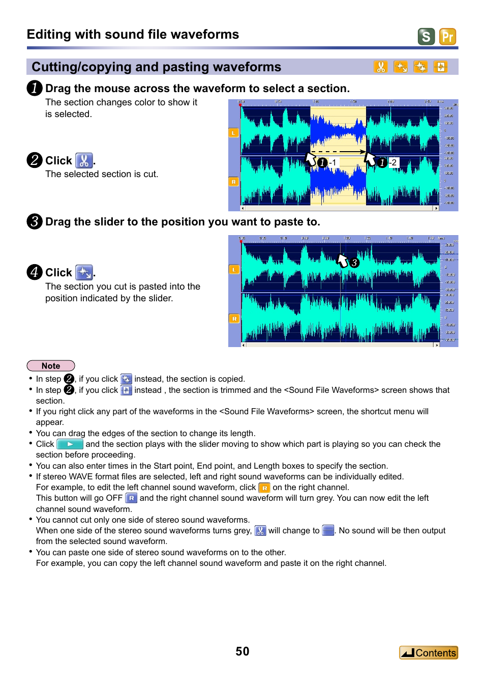 Cutting/copying and pasting waveforms, Editing with sound file waveforms | Panasonic -eng User Manual | Page 50 / 132