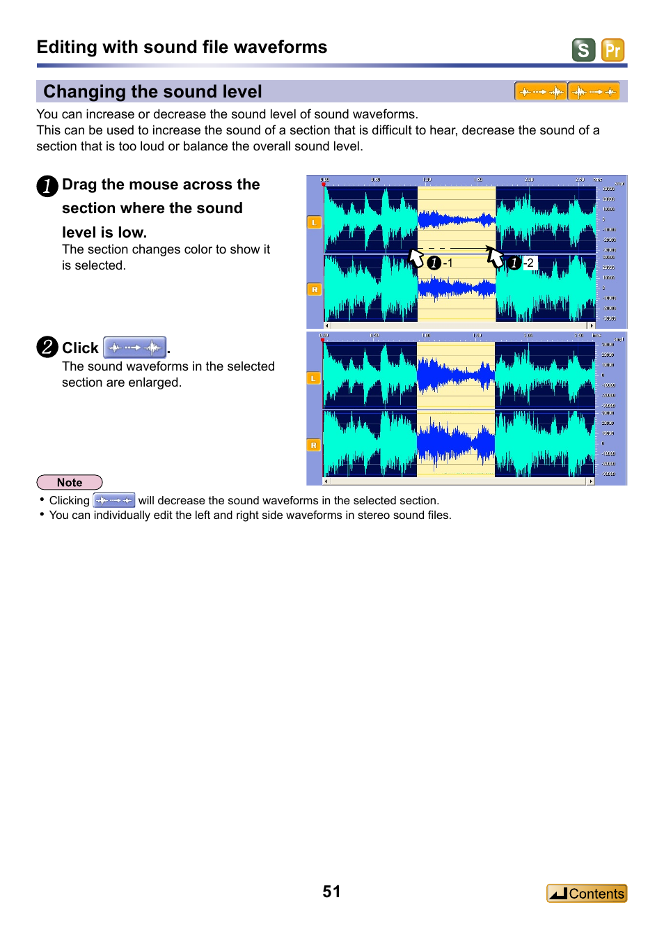 Changing the sound level, Editing with sound file waveforms | Panasonic -eng User Manual | Page 51 / 132