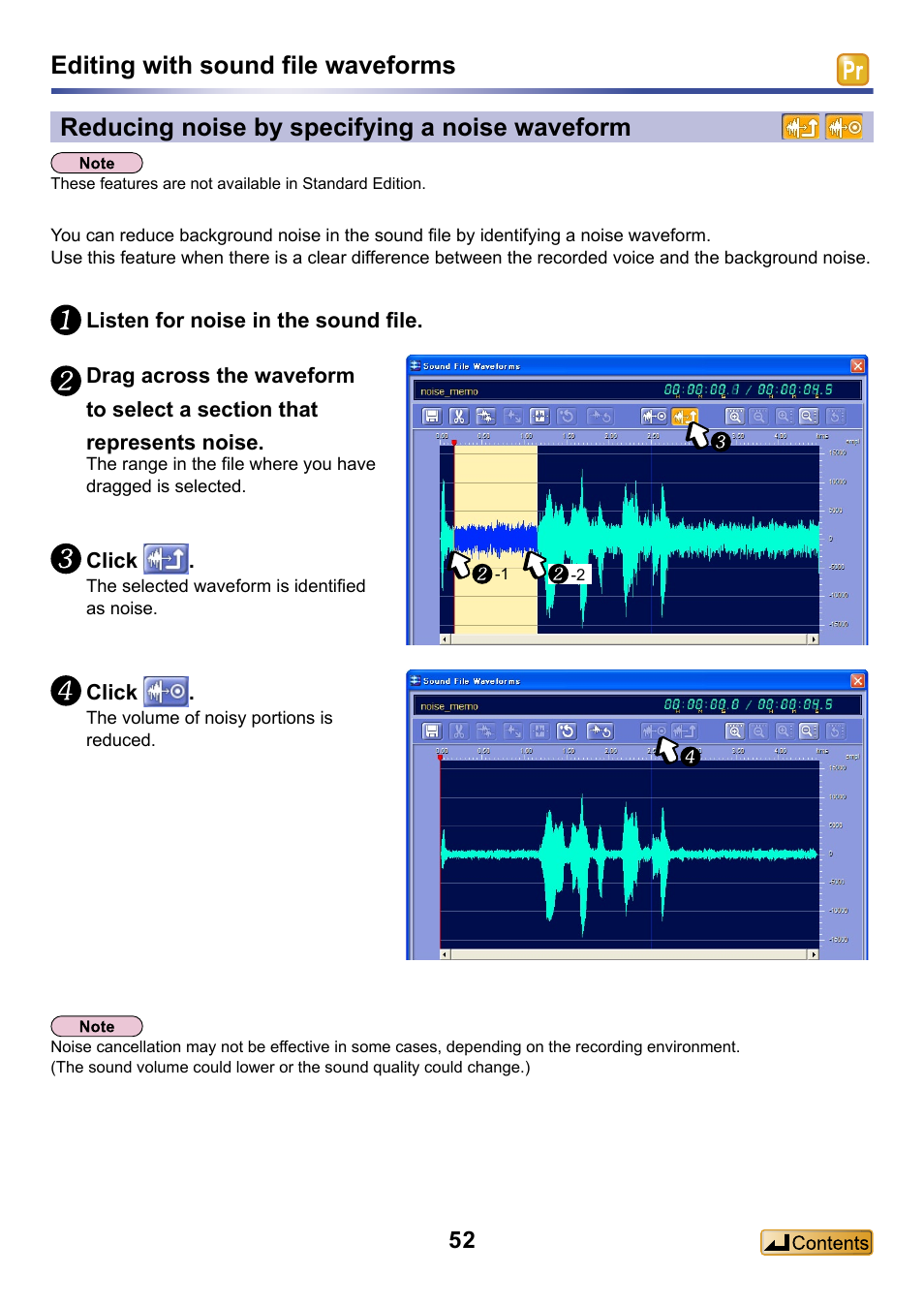 Reducing noise by specifying a noise waveform, Editing with sound file waveforms | Panasonic -eng User Manual | Page 52 / 132