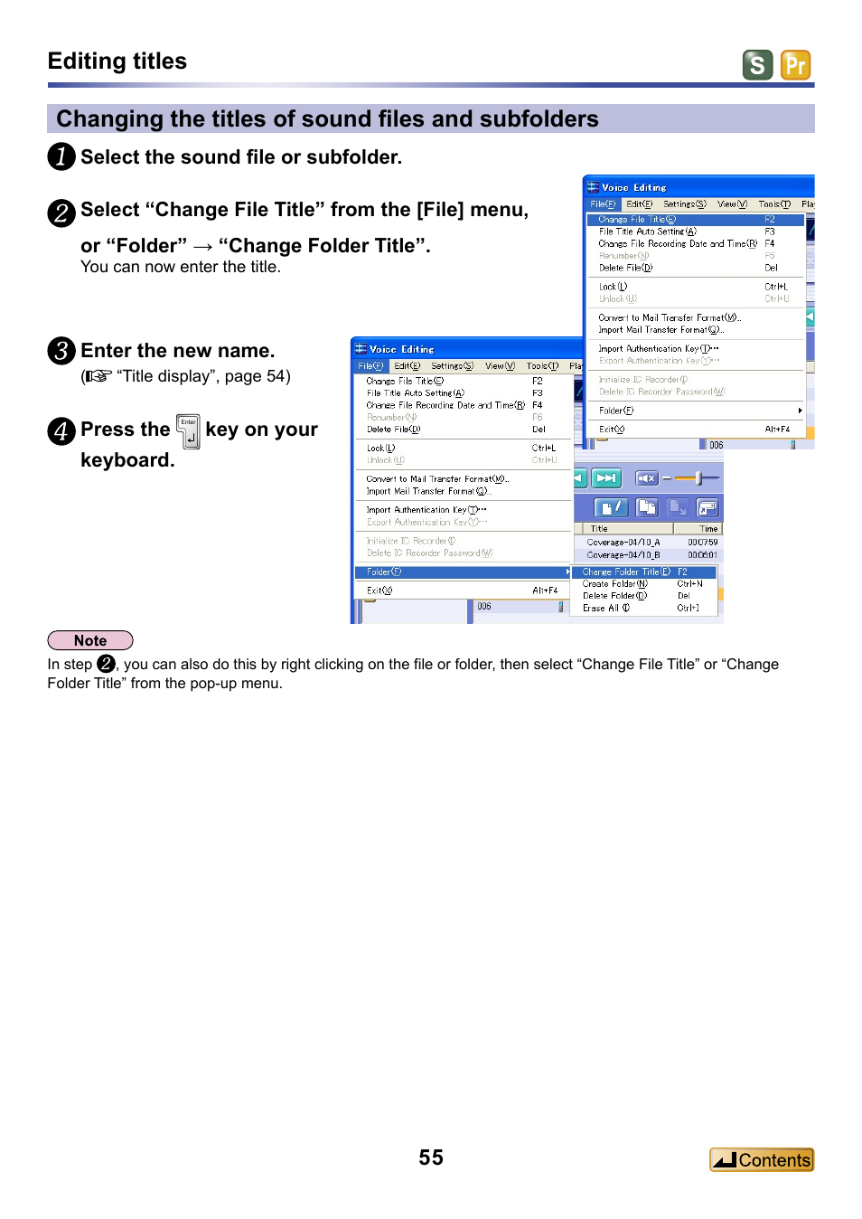 Changing the titles of sound files and subfolders, Editing titles | Panasonic -eng User Manual | Page 55 / 132