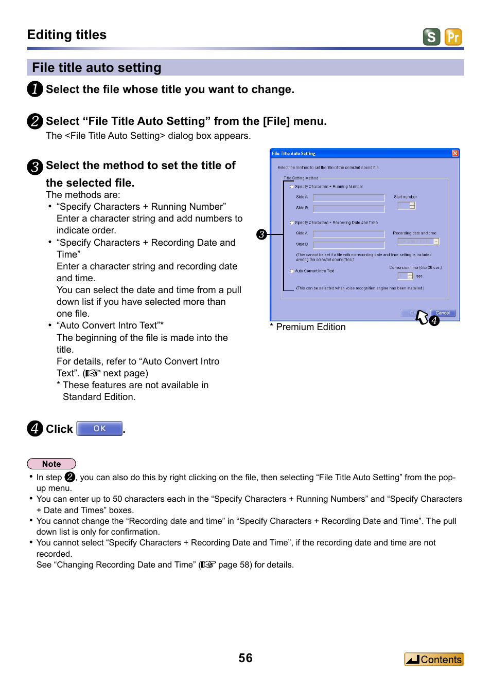 File title auto setting, Editing titles | Panasonic -eng User Manual | Page 56 / 132