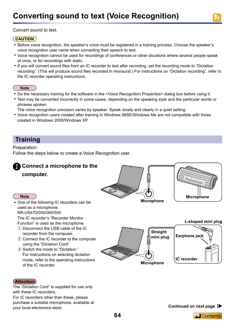 Converting sound to text (voice recognition), Training, Convert speech to text on the spot | Connect a microphone to the computer | Panasonic -eng User Manual | Page 64 / 132
