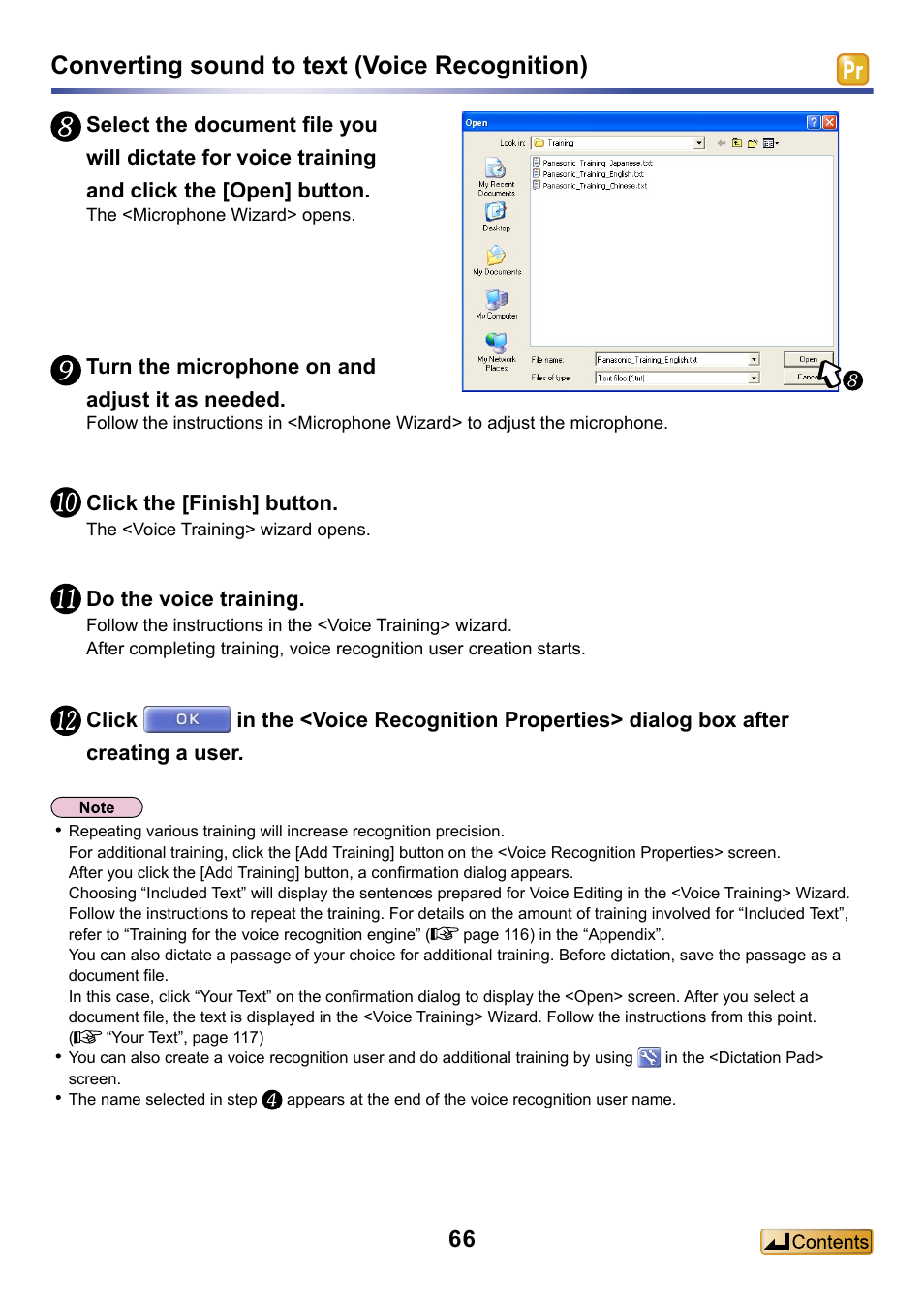 Converting sound to text (voice recognition), Click the [finish] button, Do the voice training | Panasonic -eng User Manual | Page 66 / 132