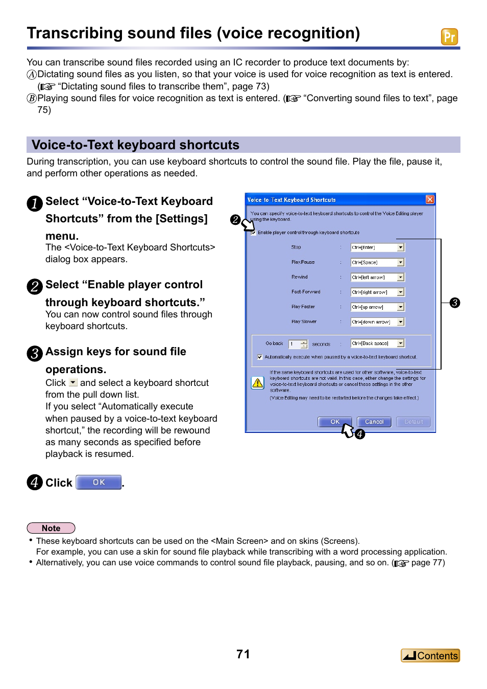 Transcribing sound files (voice recognition), Voice-to-text keyboard shortcuts, Control sound file playback using the keyboard | Using keyboard shortcuts | Panasonic -eng User Manual | Page 71 / 132