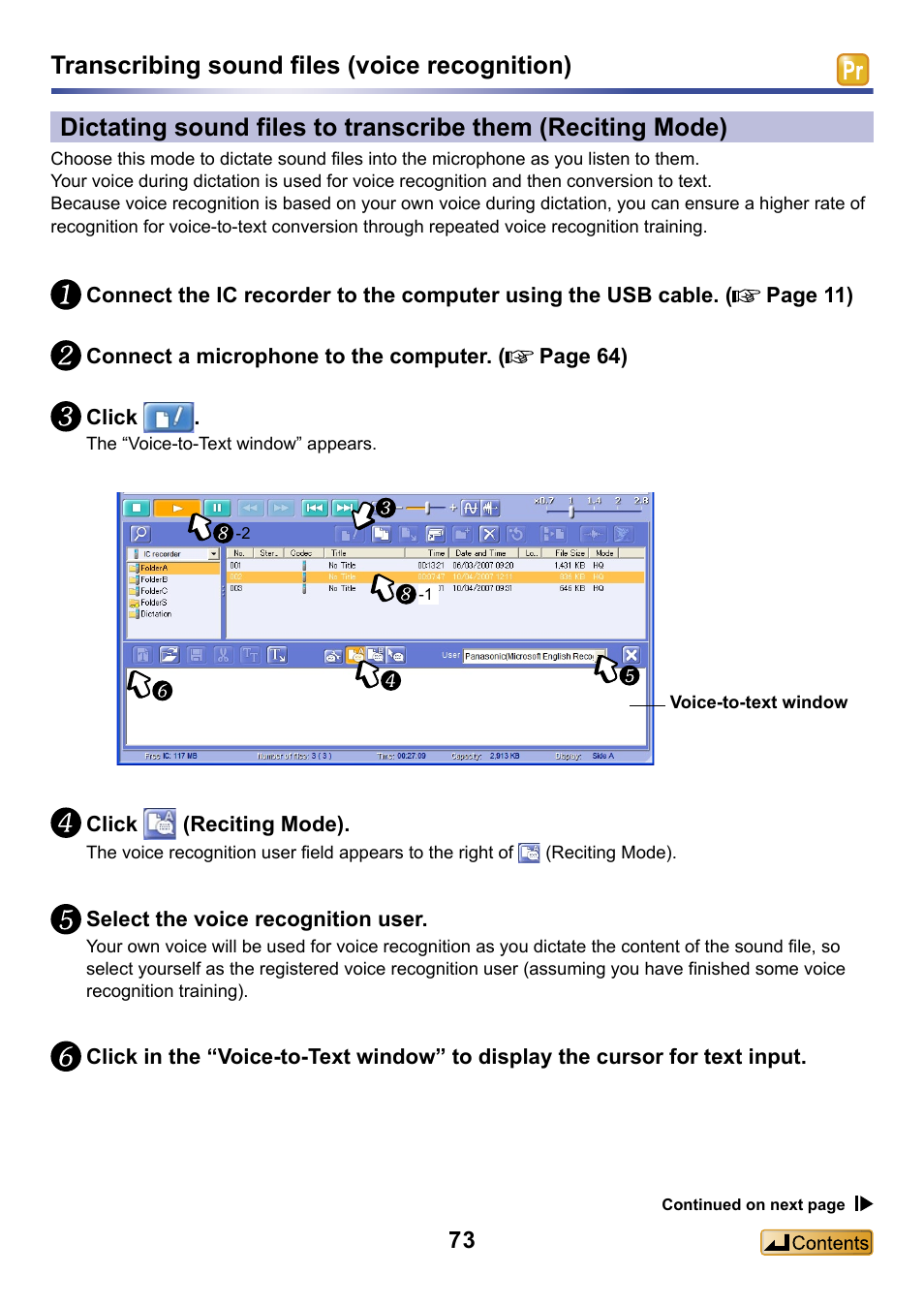 Transcribing sound files (voice recognition) | Panasonic -eng User Manual | Page 73 / 132