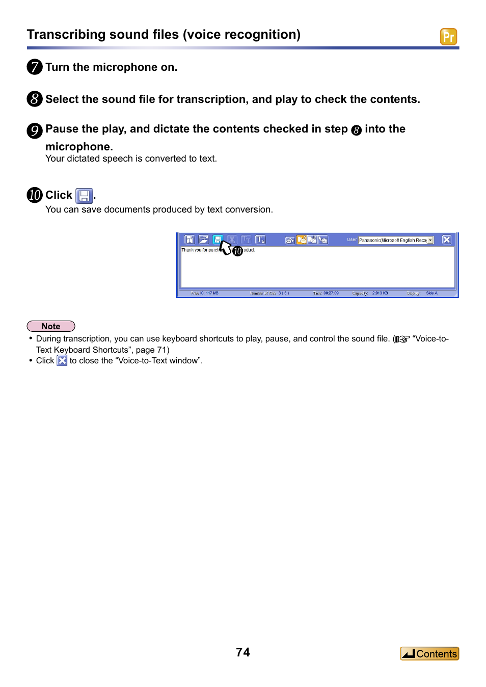 Transcribing sound files (voice recognition) | Panasonic -eng User Manual | Page 74 / 132