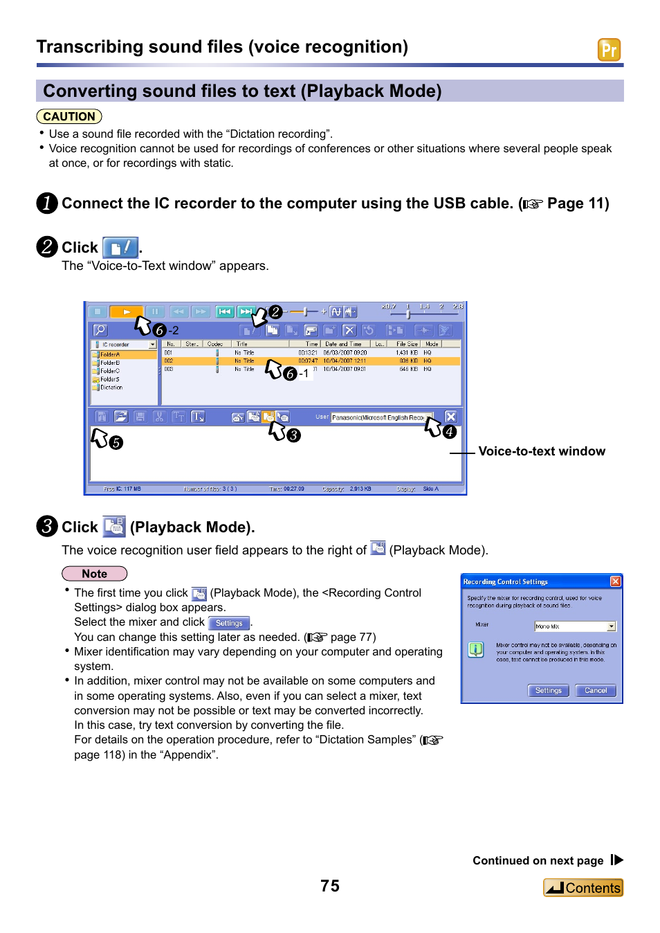 Converting sound files to text (playback mode), Play sound files while converting them to text, Click (playback mode) | Panasonic -eng User Manual | Page 75 / 132