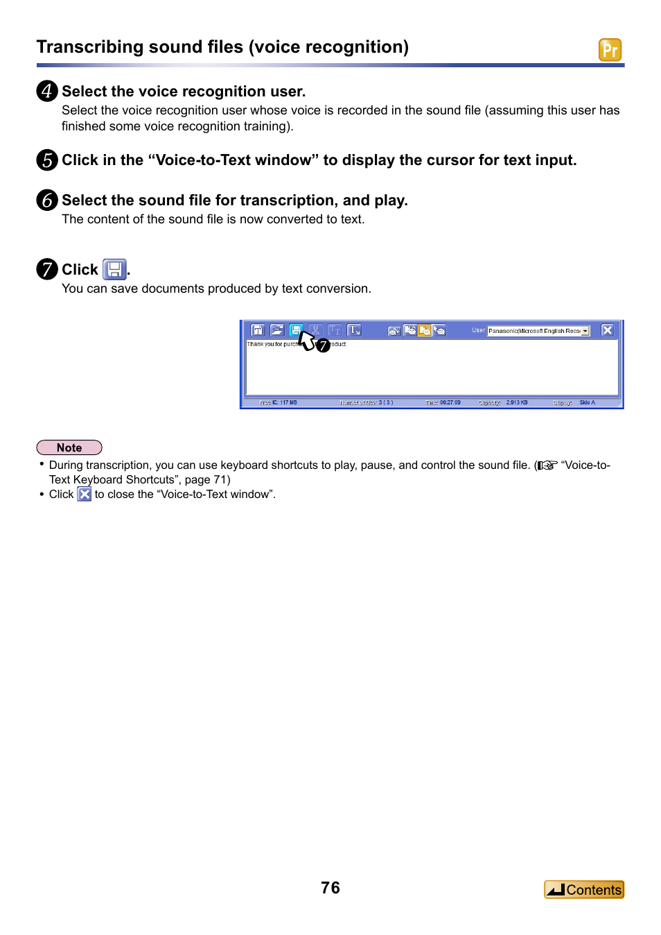 Transcribing sound files (voice recognition) | Panasonic -eng User Manual | Page 76 / 132