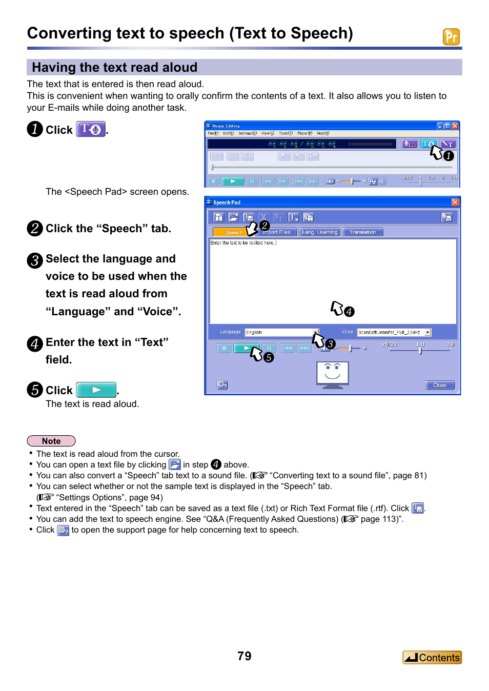 Converting text to speech (text to speech), Having the text read aloud | Panasonic -eng User Manual | Page 79 / 132