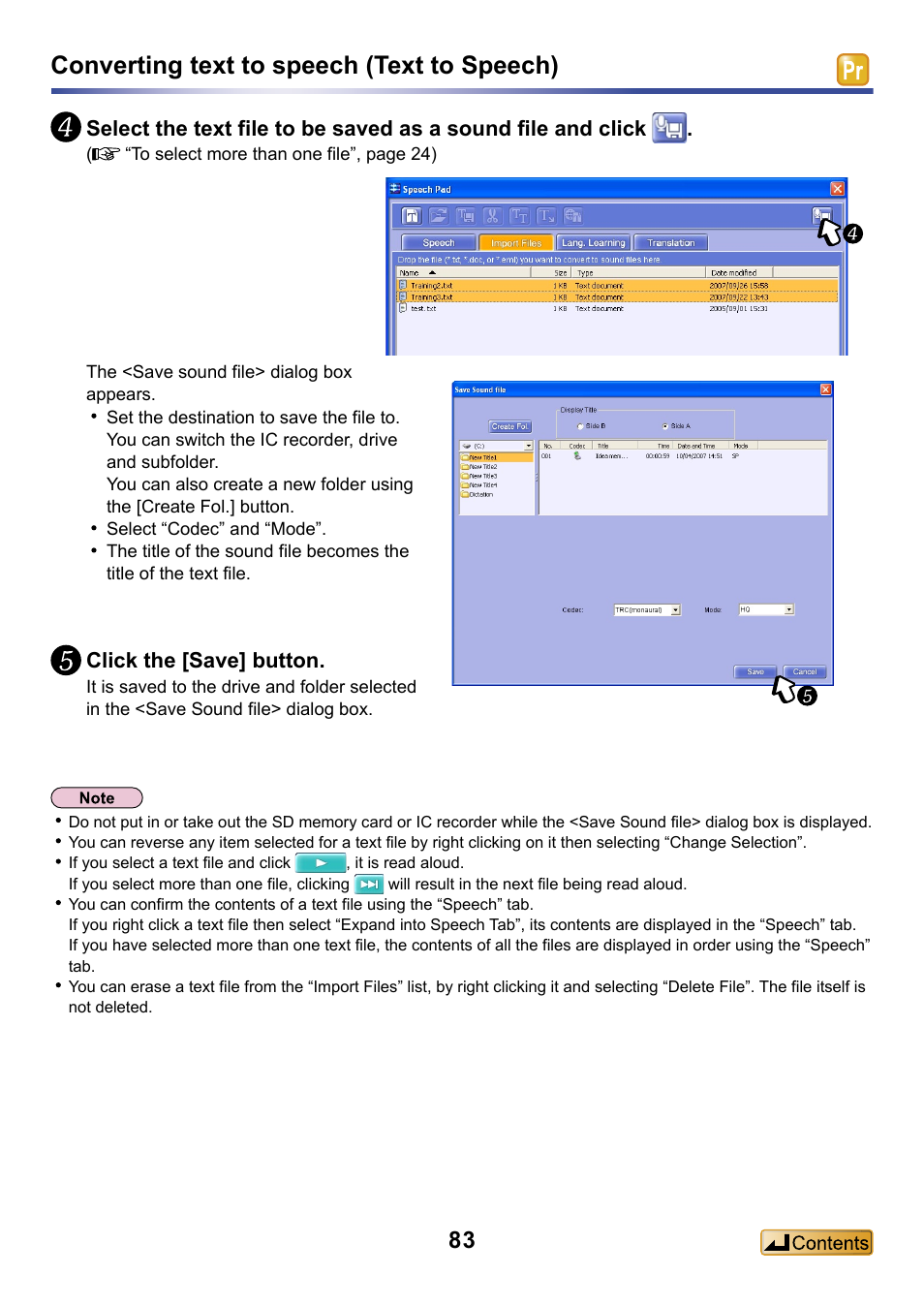 Converting text to speech (text to speech), Click the [save] button | Panasonic -eng User Manual | Page 83 / 132