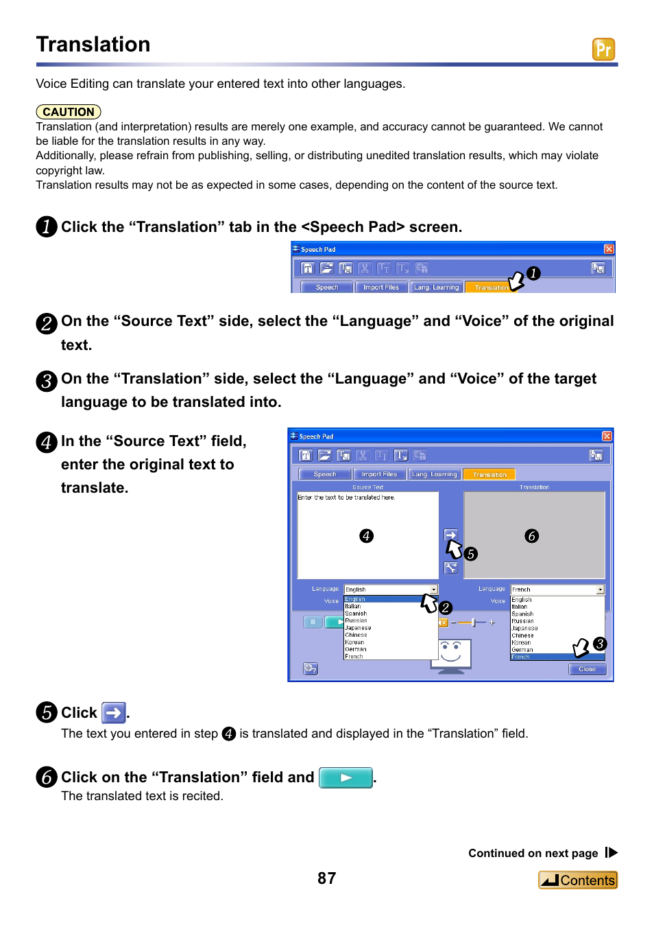 Translation, Ranslate sentences into other languages, Have the results of translation recited for you | Panasonic -eng User Manual | Page 87 / 132