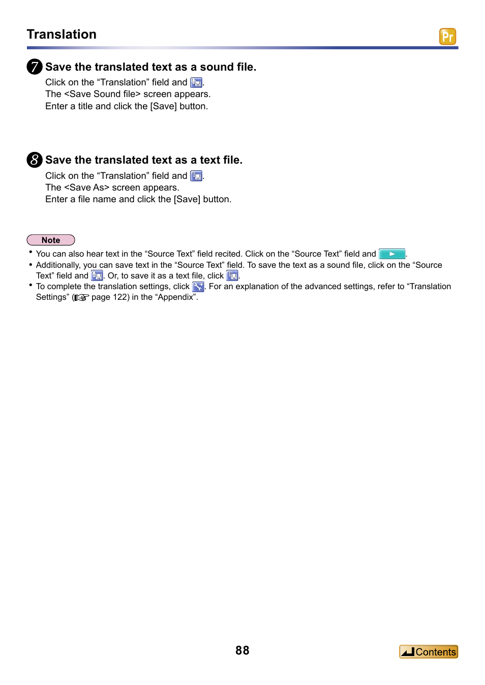 Translation, Save the translated text as a text file, Save the translated text as a sound file | Panasonic -eng User Manual | Page 88 / 132