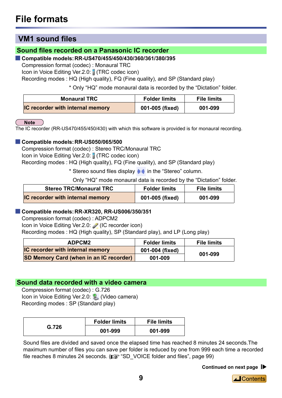 File formats, Vm1 sound files, Sound files recorded on a panasonic ic recorder | Sound data recorded with a video camera | Panasonic -eng User Manual | Page 9 / 132