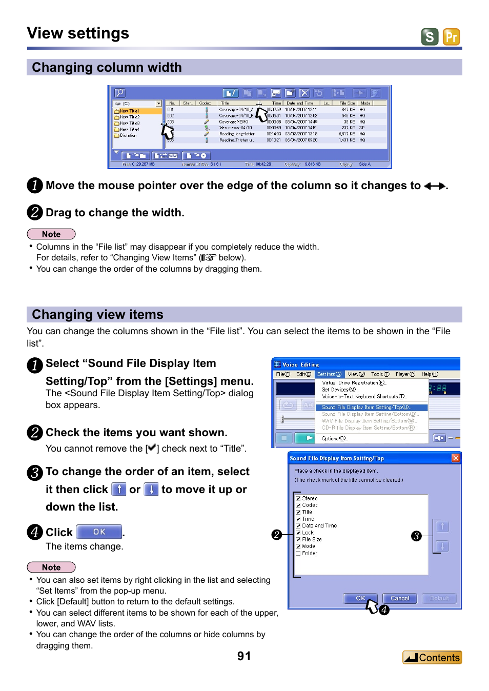 View settings, Changing column width, Changing view items | Panasonic -eng User Manual | Page 91 / 132