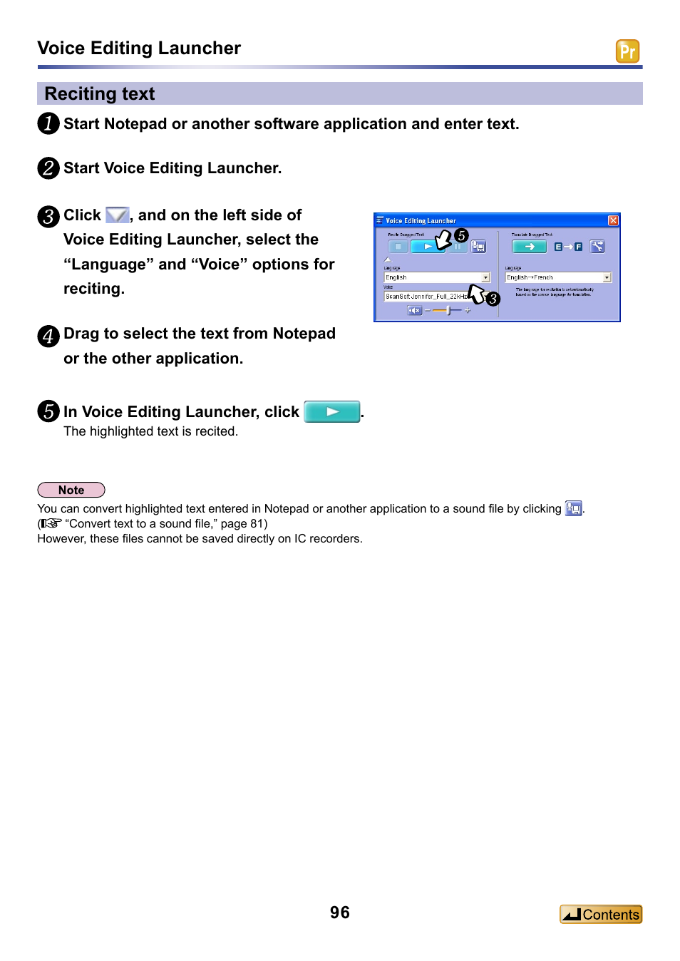 Reciting text, Voice editing launcher reciting text | Panasonic -eng User Manual | Page 96 / 132