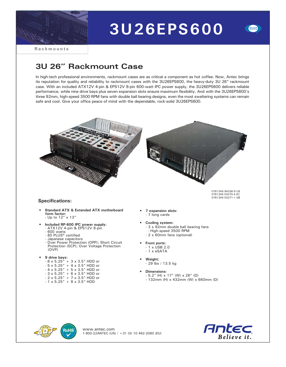 Antec Quiet Computing 3U26EPS600 User Manual | 1 page