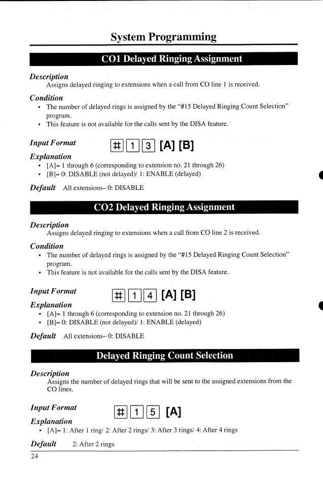 Col delayed ringing assignment, C02 delayed ringing assignment, Delayed ringing count selection | T]s[a][b, 00 [a] [b, G 0 0 [a, System programming | Panasonic KX-T206 User Manual | Page 6 / 9