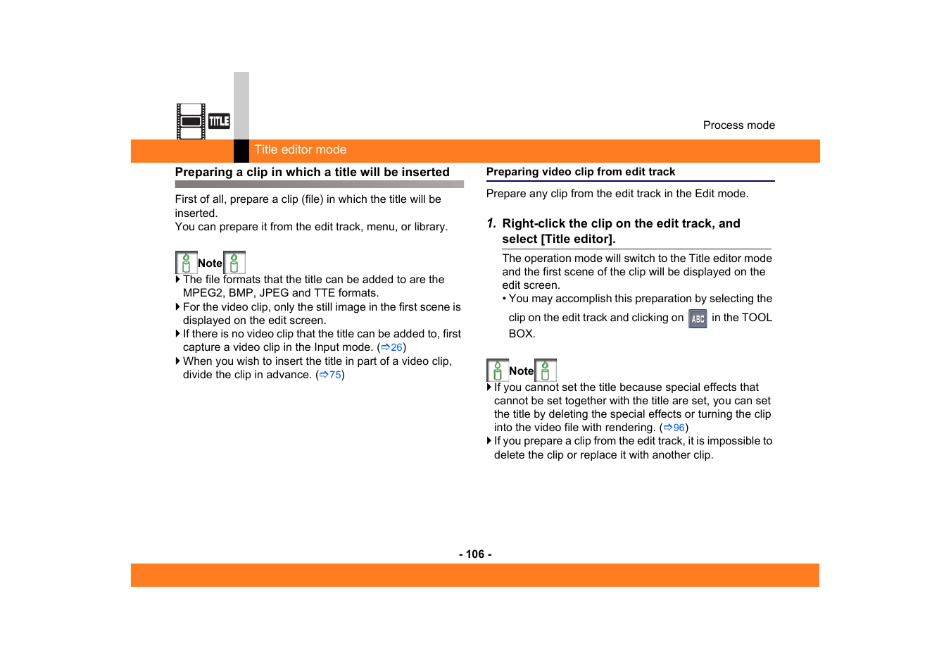 Preparing a clip in which a title will be inserted, Preparing video clip from edit track | Panasonic -eng User Manual | Page 106 / 249