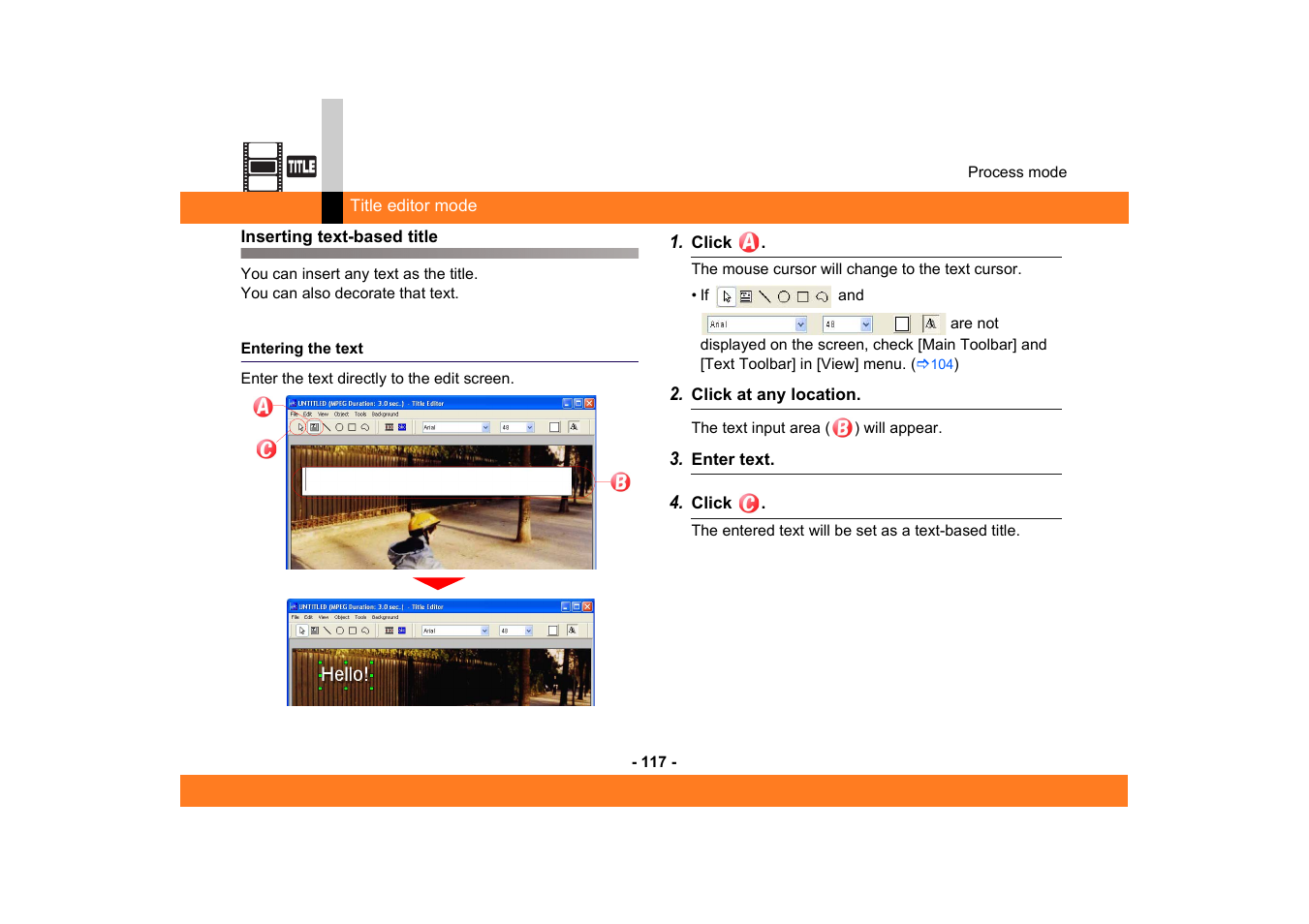 Inserting text-based title, Entering the text | Panasonic -eng User Manual | Page 117 / 249