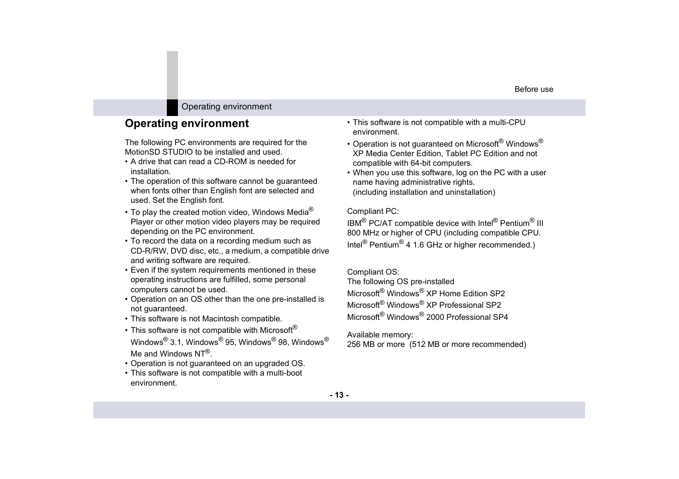 Operating environment | Panasonic -eng User Manual | Page 13 / 249