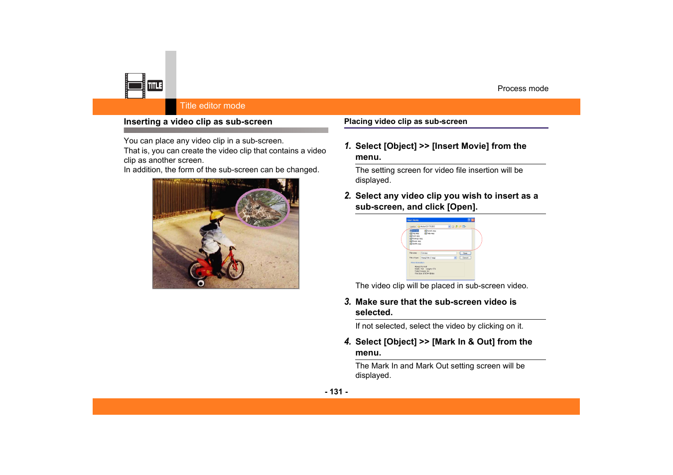 Inserting a video clip as sub-screen, Placing video clip as sub-screen | Panasonic -eng User Manual | Page 131 / 249