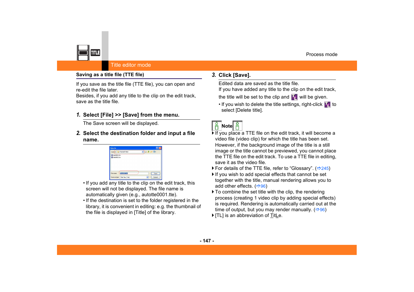 Saving as a title file (tte file) | Panasonic -eng User Manual | Page 147 / 249