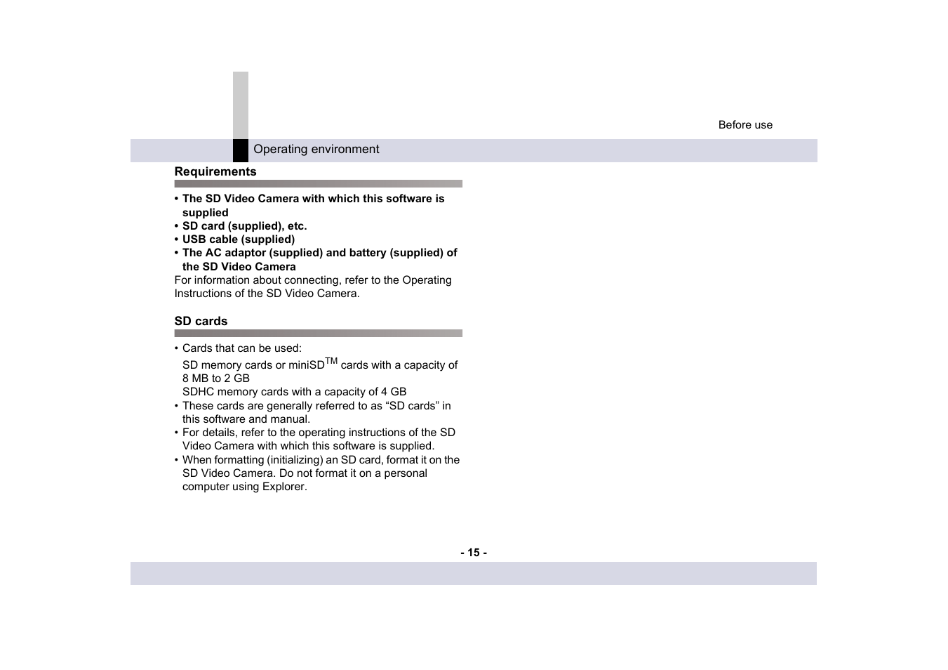 Requirements, Sd cards, Requirements sd cards | Panasonic -eng User Manual | Page 15 / 249