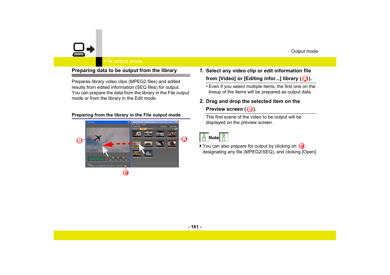 Preparing data to be output from the library, Preparing from the library in the file output mode | Panasonic -eng User Manual | Page 161 / 249