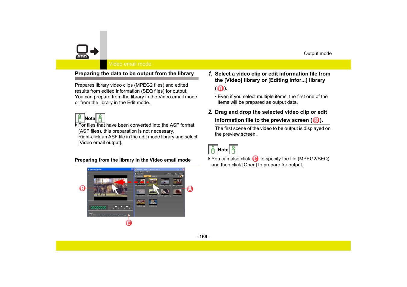 Preparing the data to be output from the library, Preparing from the library in the video email mode | Panasonic -eng User Manual | Page 169 / 249