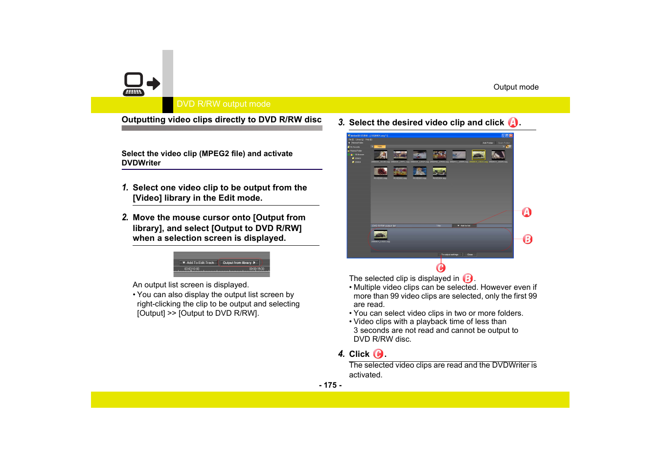 Outputting video clips directly to dvd r/rw disc | Panasonic -eng User Manual | Page 175 / 249