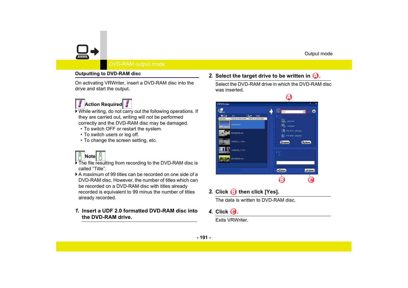 Outputting to dvd-ram disc | Panasonic -eng User Manual | Page 191 / 249