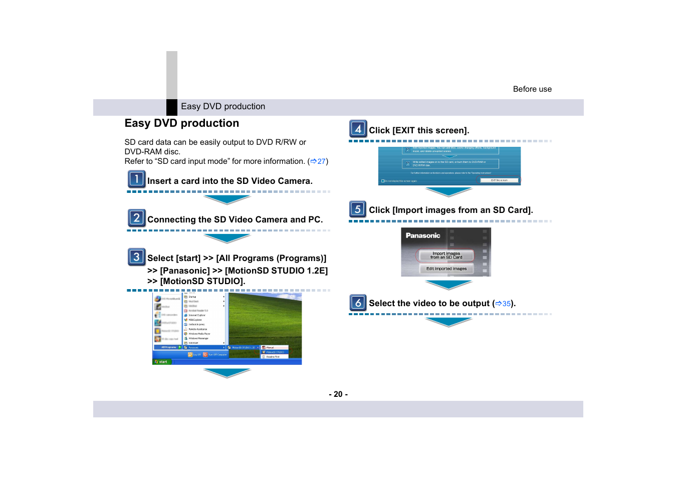 Easy dvd production, Easily save data on sd card to dvd | Panasonic -eng User Manual | Page 20 / 249