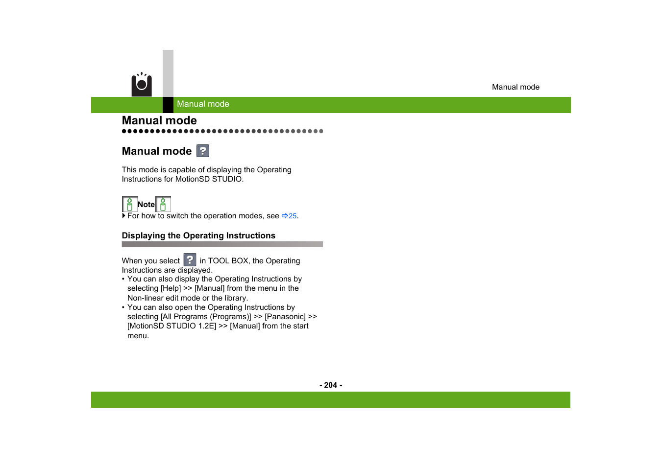 Manual mode, Displaying the operating instructions | Panasonic -eng User Manual | Page 204 / 249