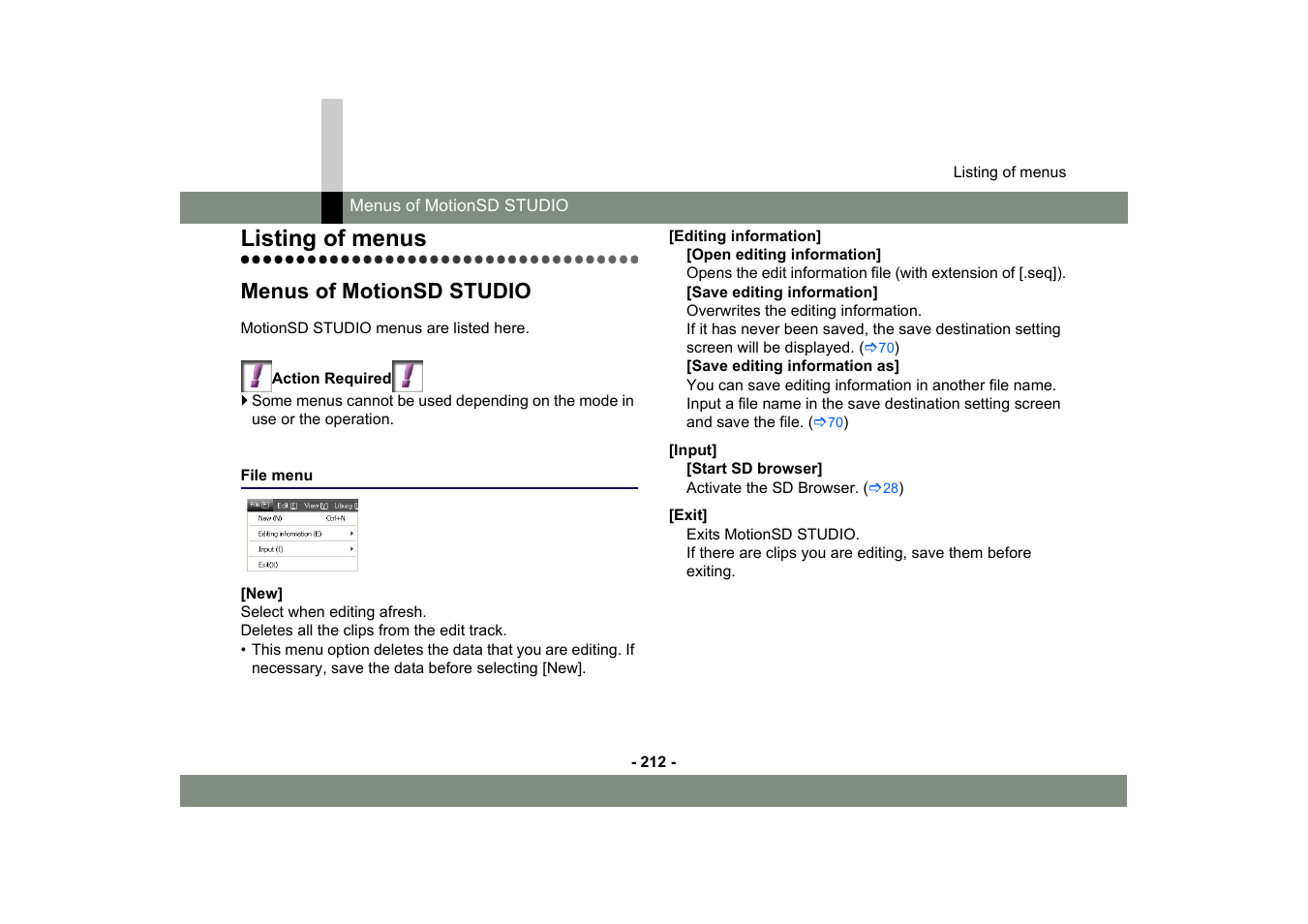 Listing of menus, Menus of motionsd studio, File menu | Panasonic -eng User Manual | Page 212 / 249