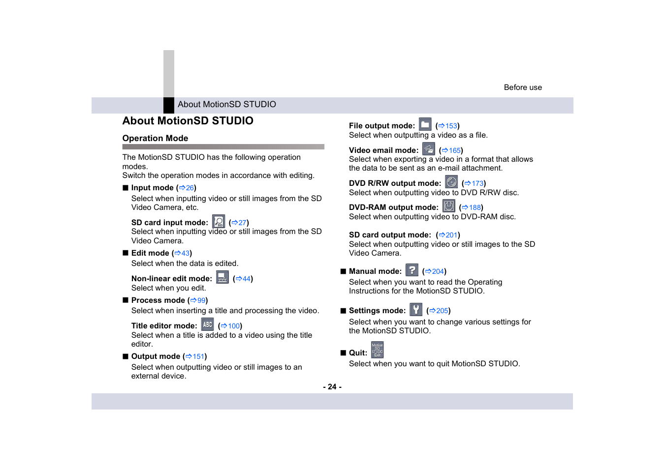 About motionsd studio, Operation mode | Panasonic -eng User Manual | Page 24 / 249